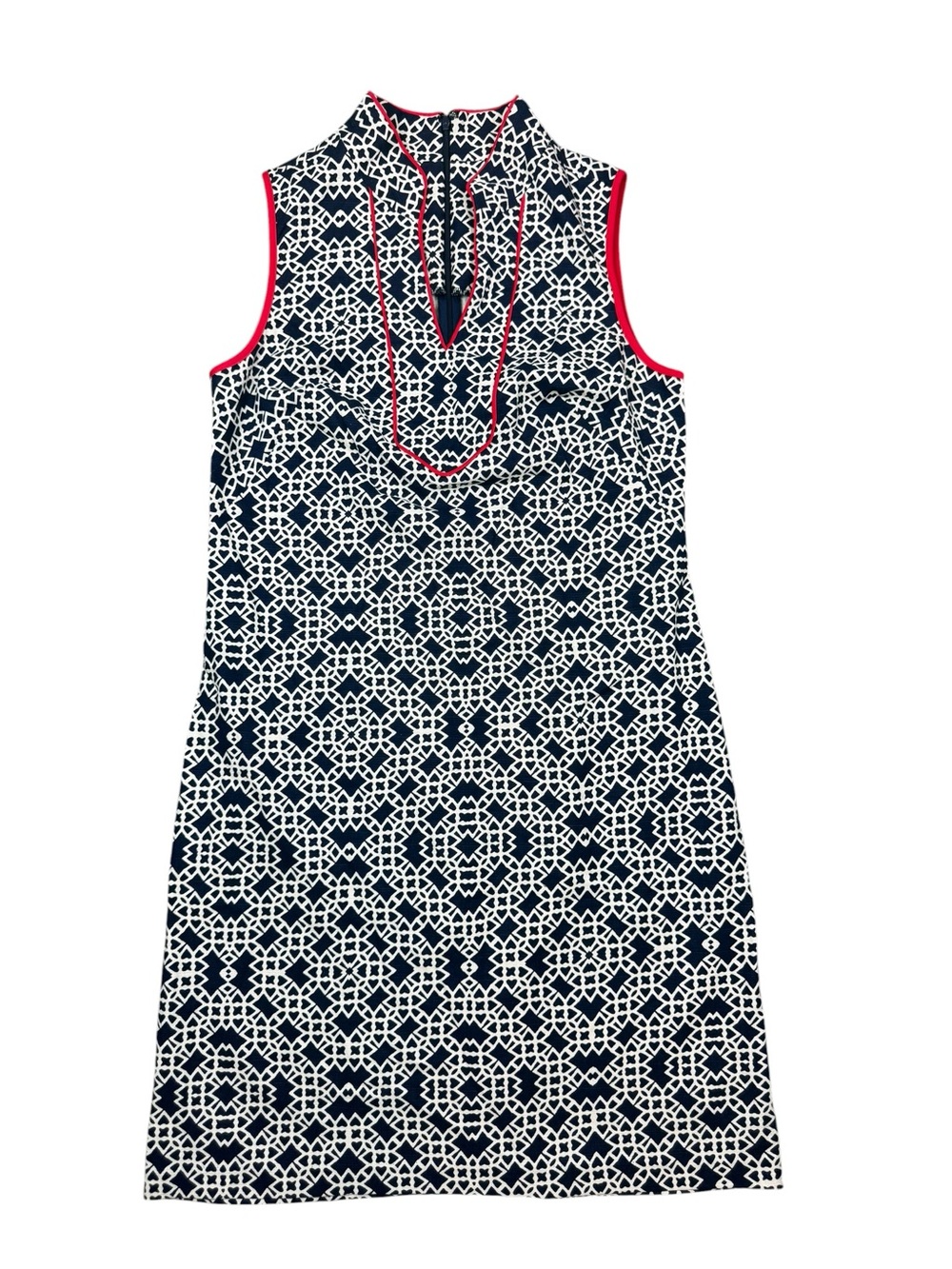 Jessica Navy Tile-Print Sleeveless Dress with Pink Trim - Picture 5 of 11